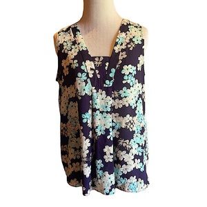 Ann Taylor Loft Wear to Work Blouse Sleeveless V-Neck Navy Blue & Gray Florals S